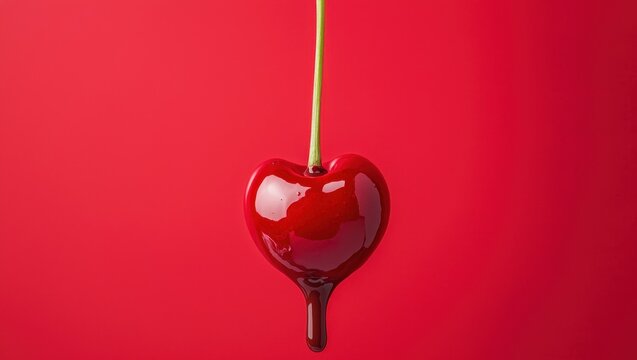 National cherry day with dessert celebration idea. Sweet red cherry with melted cholcolate on a red background.