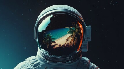 astronaut with an island reflected in his helmet