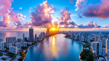 Fototapeta premium Urban glow cityscape panorama sunset splendor