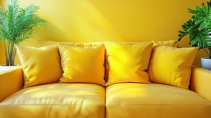 Sunny Yellow Living Room:  A Vibrant and Relaxing Space with Plush Sofa and Tropical Plants