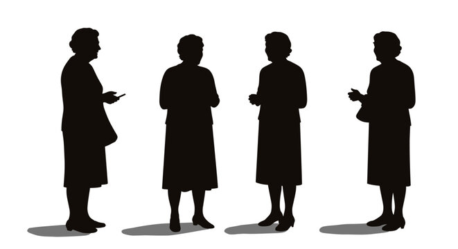 Silhouettes of elderly women in different poses on a white background in a minimalist style