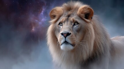 Obraz premium Majestic lion gazes upward against a celestial, nebulous, cloudy background
