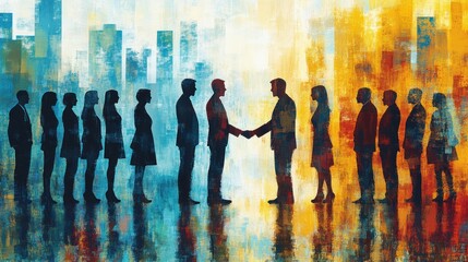 Business deal handshake between two executives with teams watching.