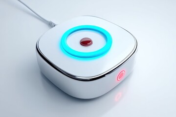 A close up view of a modern home automation device with a sleek, clean design, featuring a circular blue light and a red button on a white surface.
