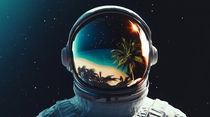 astronaut with an island reflected in his helmet