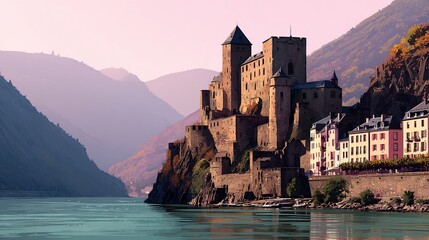 Fototapeta premium Majestic riverside castle nestled in autumnal mountains
