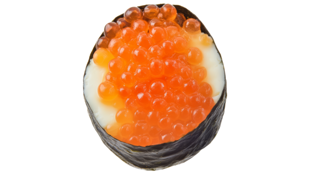 Delicious sushi with vibrant orange roe topping. Top view of Japanese gunkan maki sushi with bright orange salmon roe and seaweed wrap, isolated on white background, ideal for gourmet visuals. - Powered by Adobe
