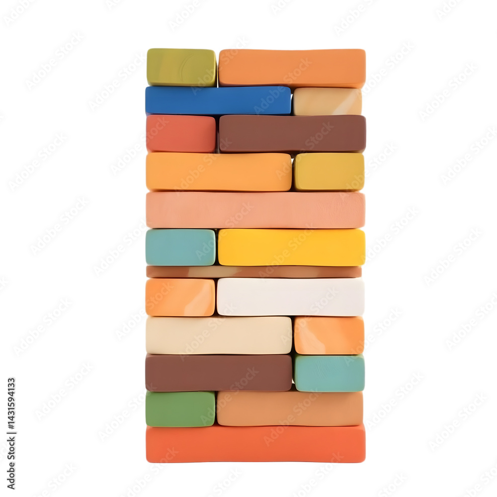 Poster Colorful Bricks Stack 3d Render. Vibrant Multicolored Building Blocks Arranged, A Playful Composition. Isolated On White, It's A Simple, Creative Resource For Design Projects.