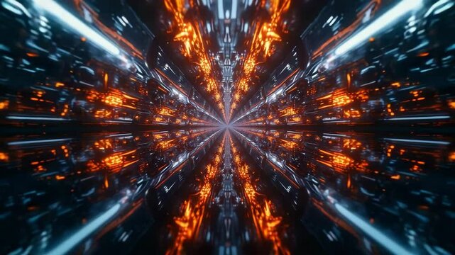 Mirrored fractal pattern spinning in symmetrical kaleidoscope motion with glowing light and digital reflections &ndash; 4K sci-fi loop