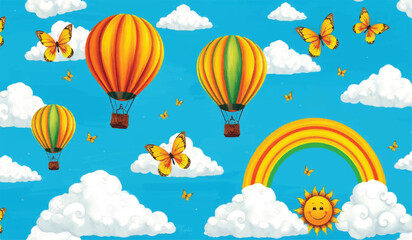 Whimsical Hot Air Balloons, Butterflies & Rainbow in Sky, hot air balloon vector , butterflies and rainbow vector design 

