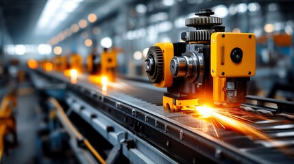Manufacturing line Sparks fly in a machinery plant; industry with automation