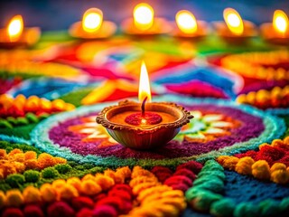 Festive Diwali: Glowing Diya on Colorful Rangoli with Sweets
