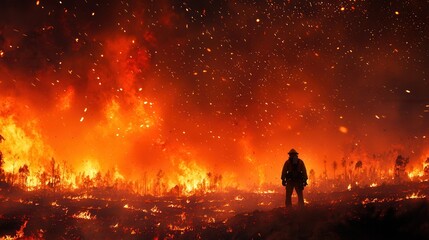 Fototapeta premium Lone figure silhouetted against a vast wildfire landscape, depicting resilience, destruction, and the raw power of nature’s forces.