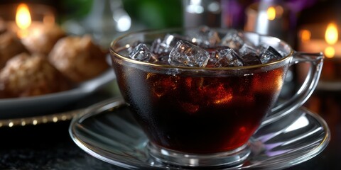 Chilled coffee served in a glass cup with ice alongside snacks during a cozy evening gathering