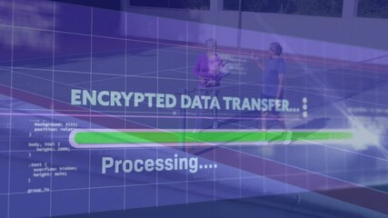 Senior couple holding racket with ball on tennis court, overlay showing encrypted data transfer - Powered by Adobe