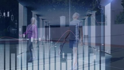 Senior couple standing on tennis court, showing animated finance bar charts and line graphs - Powered by Adobe