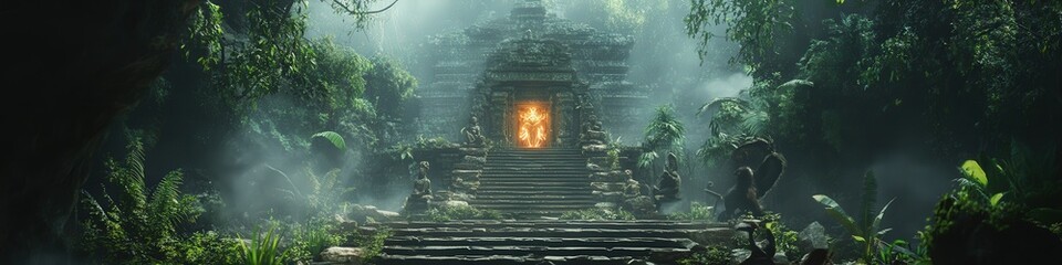 Ancient Stone Steps Leading to Mysterious Temple Entrance, Ethereal Light, Dramatic Perspective, Adventure and Exploration Concept