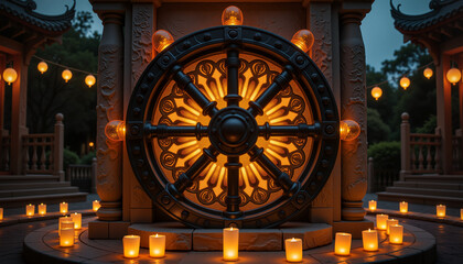 Obraz premium Luminous Wheel of Dharma Symbolizing Spirituality in Vesak Style 