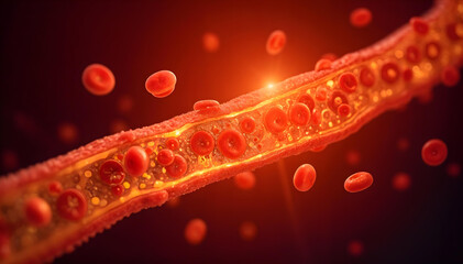 Microscopic view of red blood cells, platelets, and plasma moving through a blood vessel affected by atherosclerosis, showing plaque buildup, constricted flow, detailed anatomy, medical illustration, 