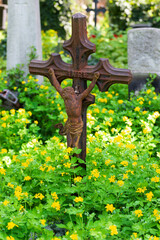 Historic Statue on the spring mystery old Prague Cemetery, Czech Republic 