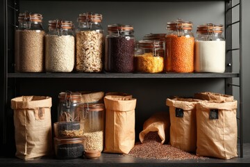 Fototapeta premium Organized pantry with glass jars and paper bags filled with various grains and legumes, arranged on dark shelves, showcasing a modern and sustainable kitchen storage solution.