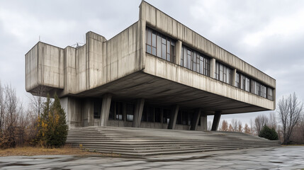 Fototapeta premium Brutalist concrete building with large overhang and geometric lines under cloudy sky, surrounded by bare trees.