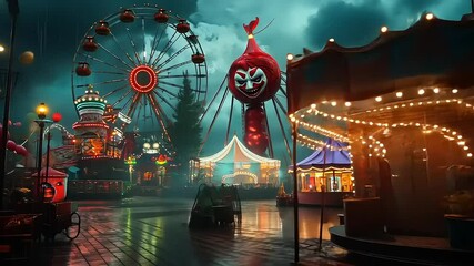 Eerily Enchanting Carnival Night: A Haunted Amusement Park Adventure with Glowing Lights