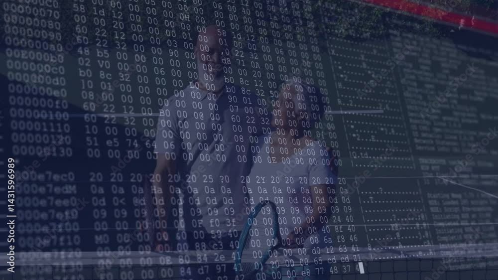 Poster coworkers analyzing floating binary and hex code streams in tech control room, glowing data panels