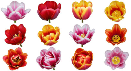 Collection of colorful tulip blossoms arranged on a dark background. Flowers are vibrant