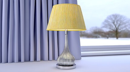 Silver table lamp with yellow shade, by window with purple curtains, snowy landscape visible
