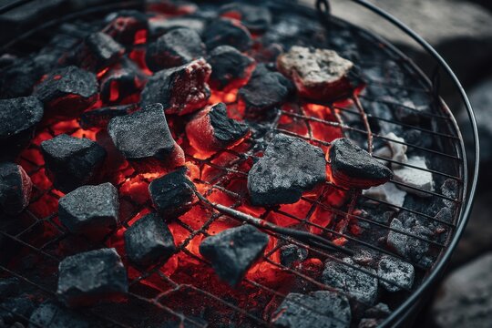 Burning charcoal in a barbecue grill, with a close-up view of the hot embers and dark charcoal, suggesting summer cookouts and outdoor grilling fun, preparation.