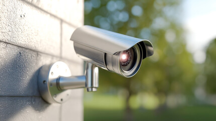 Modern security camera mounted on home wall, outdoor surveillance system, high-tech protection concept for smart homes