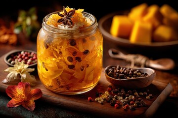 Fototapeta premium A close-up of spiced pumpkin preserves in a jar, with a wooden board featuring peppers, accompanied by autumn flowers and pumpkin pieces in the background.
