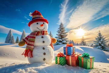Obraz premium Festive Snowman with Christmas Gifts on Snowy Landscape - Winter Holiday Stock Photo