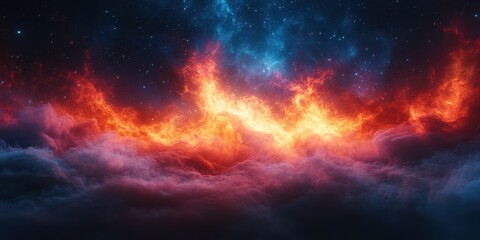 Fototapeta premium Vibrant cosmic clouds illuminated by flames and stars in a stunning night sky display over a serene landscape