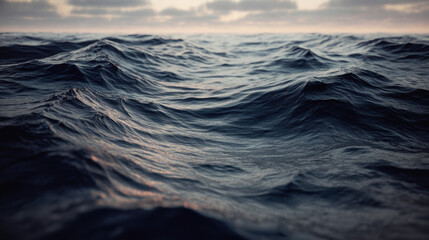 Tranquil seascape featu gentle waves rippling across the dark ocean surface under an overcast sky, creating a serene and captivating natural scene in nature.