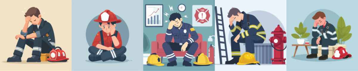 firefighter character vector having a headache