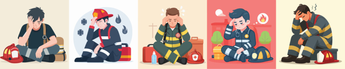 firefighter character vector having a headache