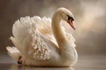 Elegant Mute Swan gracefully glides on serene water, with its pristine white plumage reflecting the soft light, creating a picture of peace and tranquility.