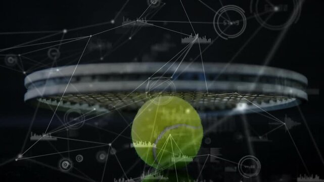 Tennis racket head being showcased in high-tech HUD scene, showing ball trajectory and stats