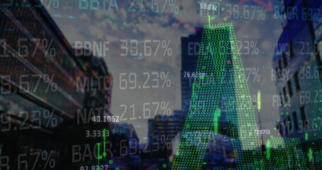 Image of financial data and graphs over blurred cityscape