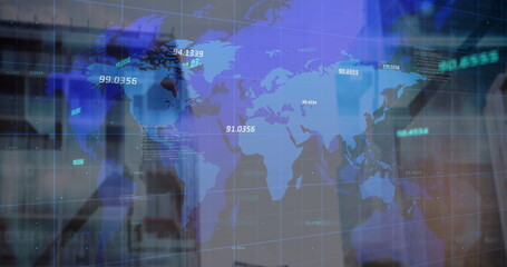 Image of financial data and world map over blurred cityscape
