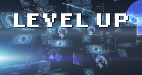 Image of level up text over scope scanning and data processing