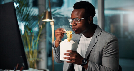 Business, computer or man with eating fast food in office for working break, publishing deadline and proofreading story. Night, journalist and black person with ramen for overtime dinner and hungry