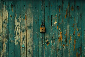 Rusted padlock on weathered teal wooden door