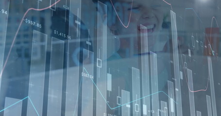 Image of financial data processing over caucasian children