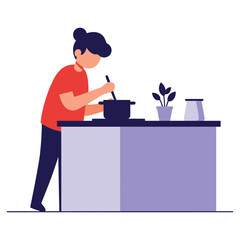 Cooking Vector Illustration Person Stirring Pot on Kitchen Counter