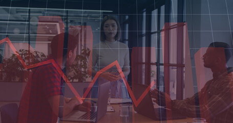 Image of financial data processing over group of diverse business people