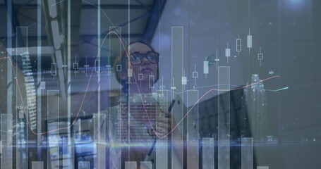 Image of financial data processing over caucasian businesswoman