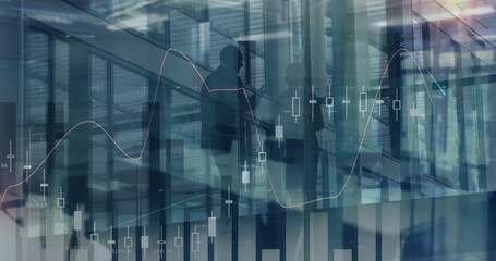 Image of financial data processing over walking people